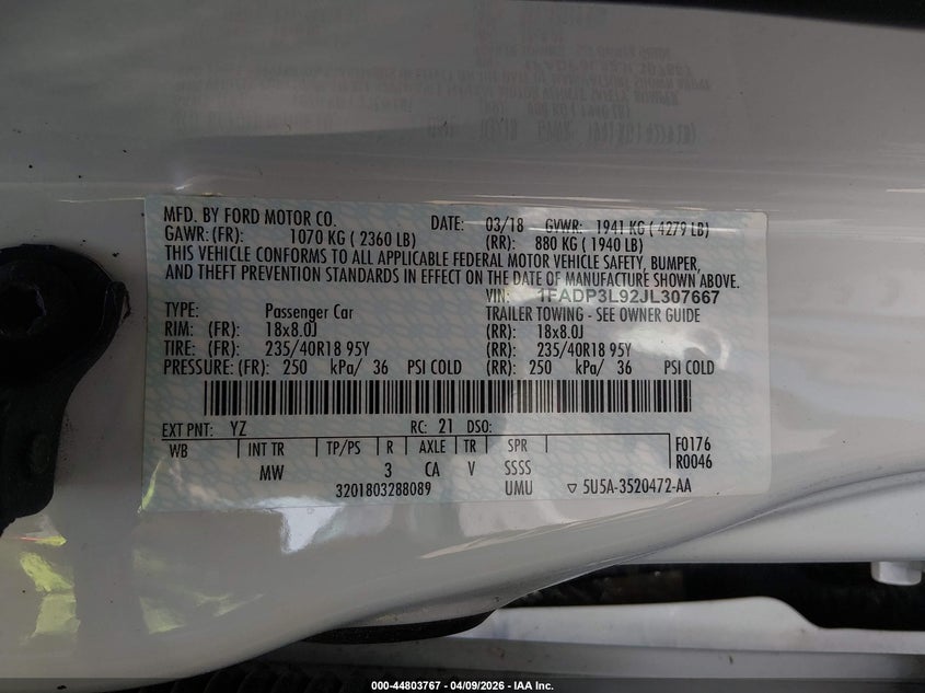 2018 Ford Focus St VIN: 1FADP3L92JL307667 Lot: 44803767