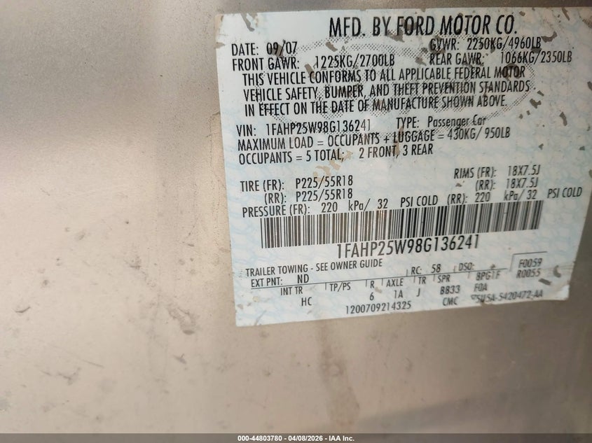 2008 Ford Taurus Limited VIN: 1FAHP25W98G136241 Lot: 44803780