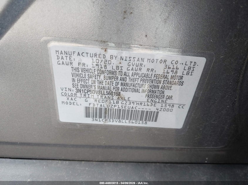 VIN 3N1CP5DV8LL560158 2020 NISSAN KICKS SR XTRONIC CVT