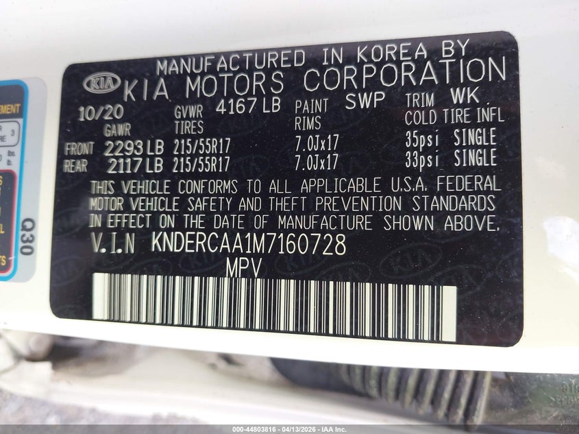 2021 Kia Seltos Ex VIN: KNDERCAA1M7160728 Lot: 44803816