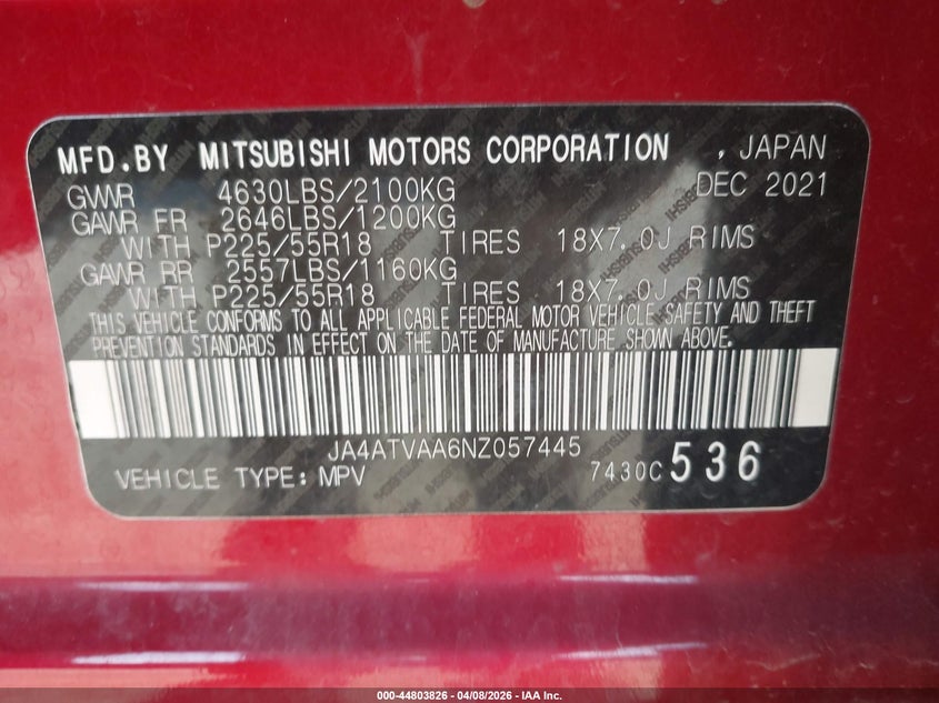 2022 Mitsubishi Eclipse Cross Le S-Awc VIN: JA4ATVAA6NZ057445 Lot: 44803826