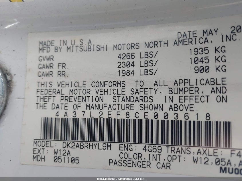 2012 Mitsubishi Eclipse Spyder Gs Sport VIN: 4A37L2EF8CE003618 Lot: 44803860