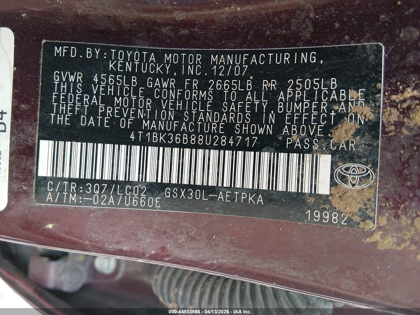 2008 Toyota Avalon Limited VIN: 4T1BK36B88U284717 Lot: 44803866