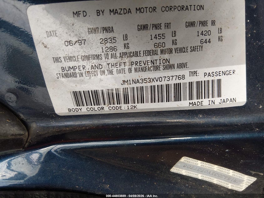 1997 Mazda Mx-5 Miata Leather Pkg/M Edition/Popular Equipment Pkg/R Pkg./Sto/Touring Pkg VIN: JM1NA353XV0737768 Lot: 44803889