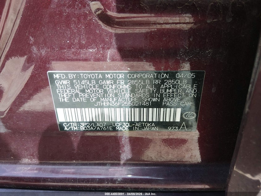 2005 Lexus Ls 430 VIN: JTHBN36F255021481 Lot: 44803891