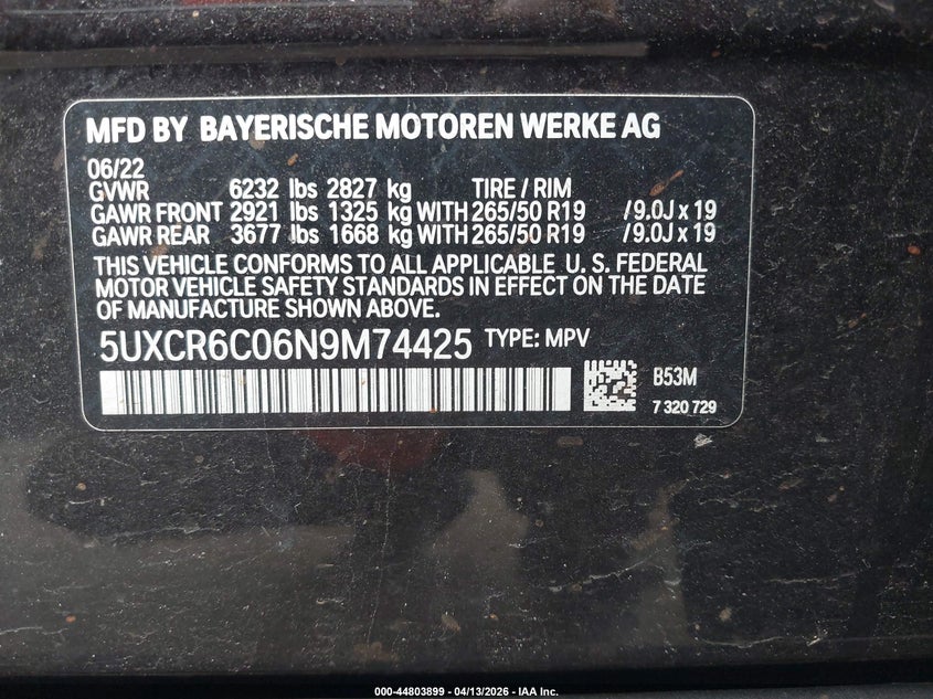 2022 BMW X5 xDrive40I VIN: 5UXCR6C06N9M74425 Lot: 44803899