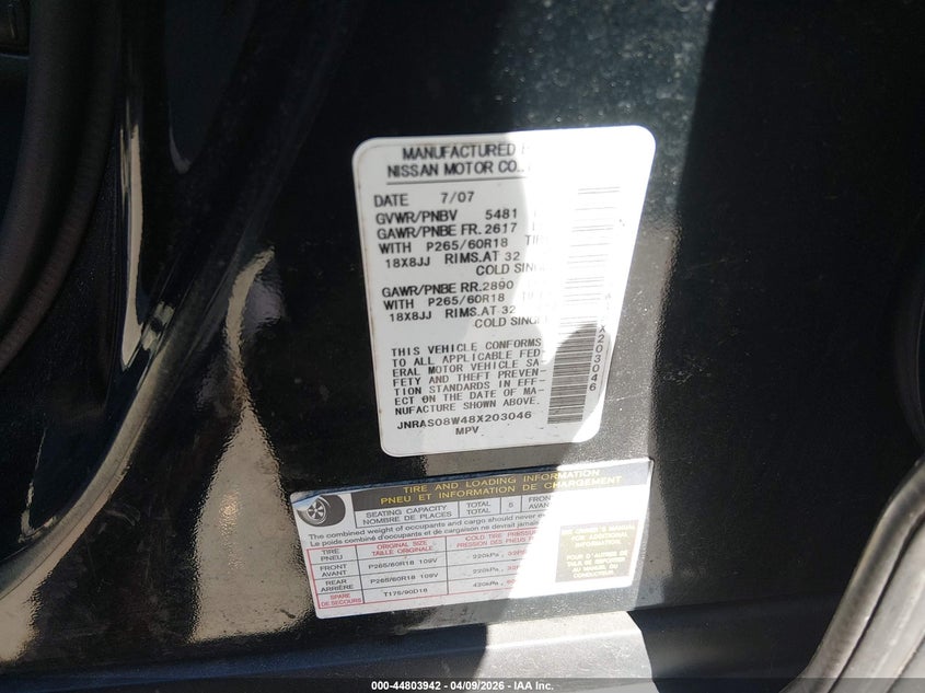 2008 Infiniti Fx35 VIN: JNRAS08W48X203046 Lot: 44803942