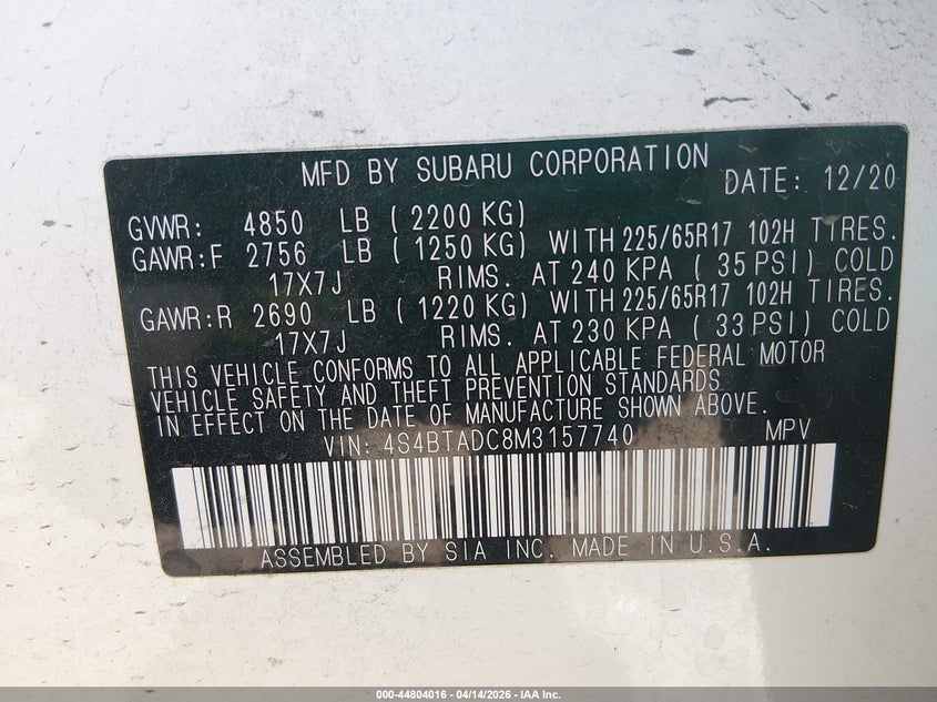 2021 Subaru Outback Premium VIN: 4S4BTADC8M3157740 Lot: 44804016