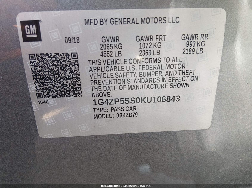 2019 Buick Lacrosse Fwd Essence VIN: 1G4ZP5SS0KU106843 Lot: 44804018