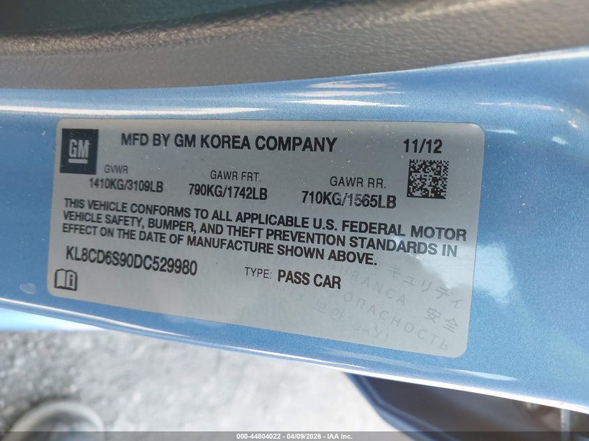 2013 Chevrolet Spark 1Lt Auto VIN: KL8CD6S90DC529980 Lot: 44804022