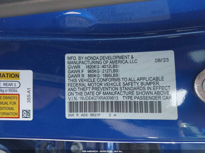 2024 Acura Integra A-Spec Technology VIN: 19UDE4G7XRA009813 Lot: 44804024
