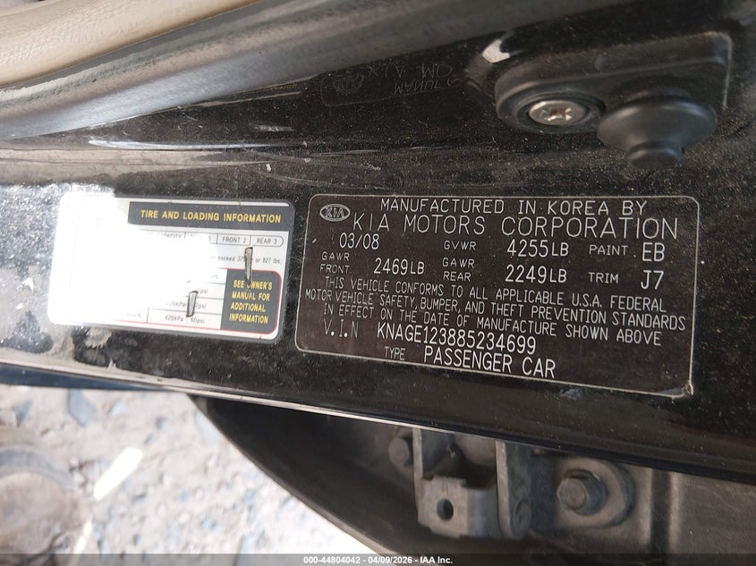 2008 Kia Optima Lx VIN: KNAGE123885234699 Lot: 44804042