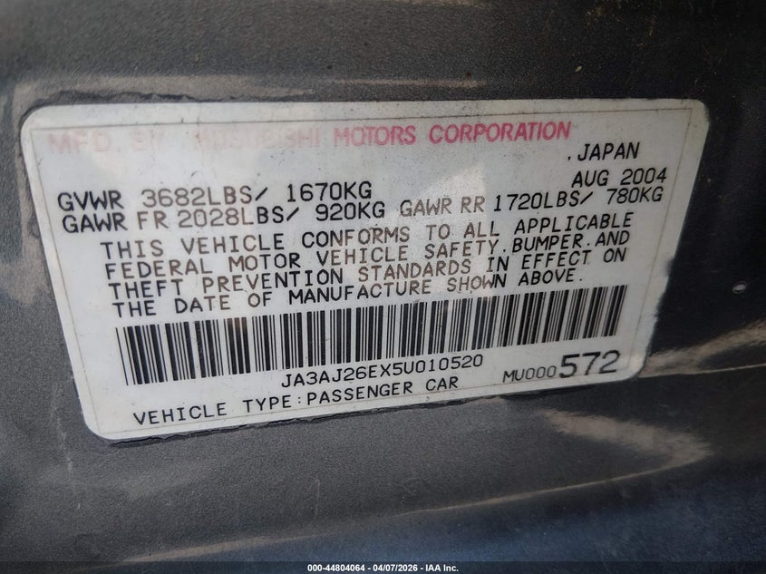 2005 Mitsubishi Lancer Es VIN: JA3AJ26EX5U010520 Lot: 44804064