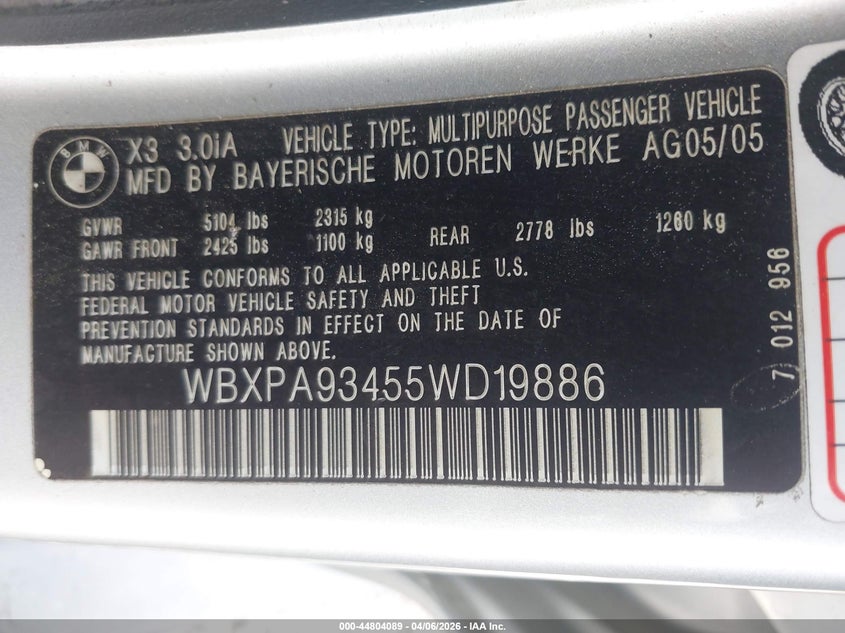 2005 BMW X3 3.0I VIN: WBXPA93455WD19886 Lot: 44804089