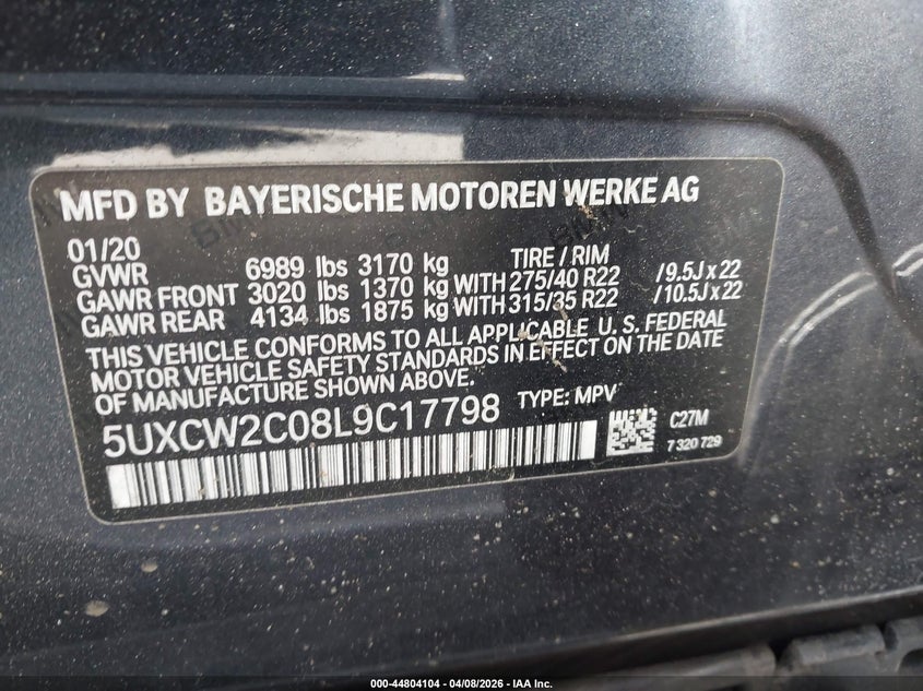 2020 BMW X7 xDrive40I VIN: 5UXCW2C08L9C17798 Lot: 44804104