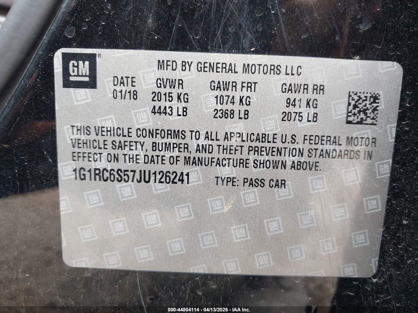 2018 Chevrolet Volt Lt VIN: 1G1RC6S57JU126241 Lot: 44804114