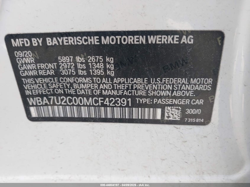 2021 BMW 750I xDrive VIN: WBA7U2C00MCF42391 Lot: 44804197