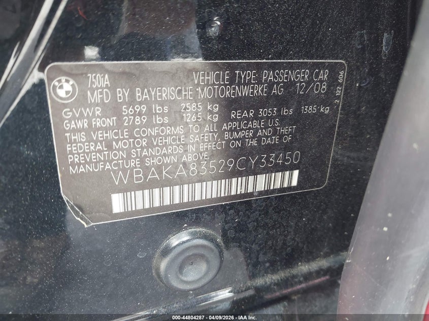 2009 BMW 750I VIN: WBAKA83529CY33450 Lot: 44804287