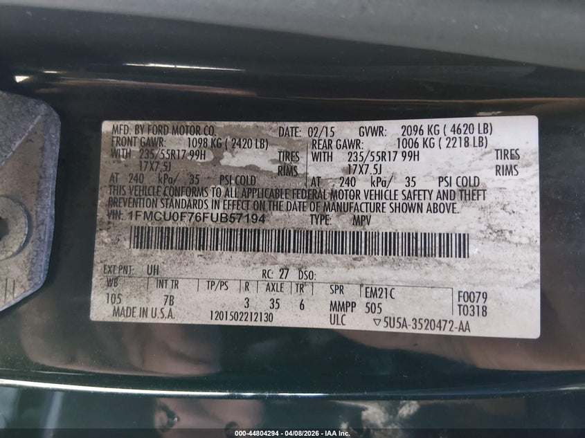 FORD ESCAPE 2015 VIN 1FMCU0F76FUB57194