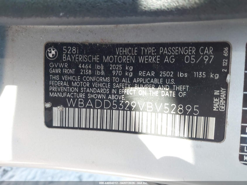 1997 BMW 528I VIN: WBADD5329VBV52895 Lot: 44804312