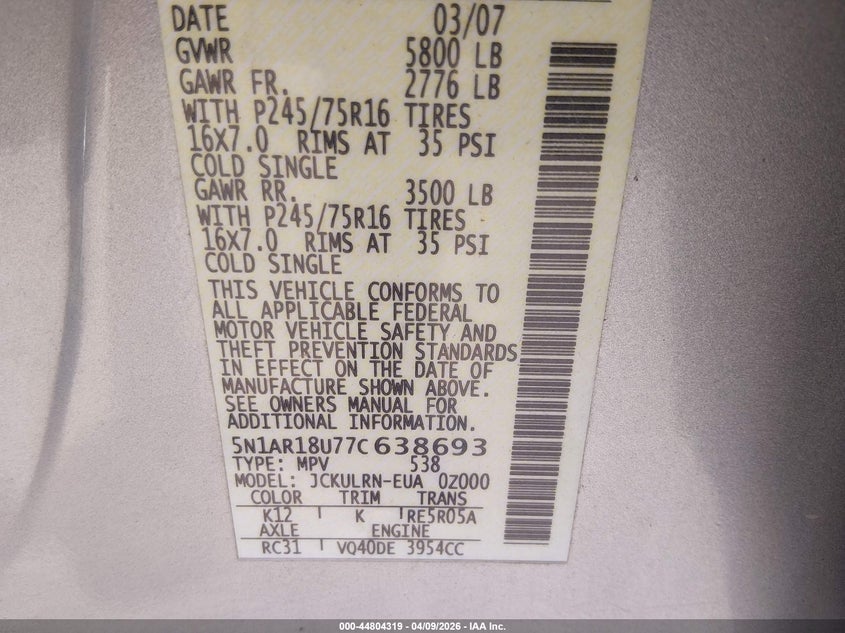 2007 Nissan Pathfinder S VIN: 5N1AR18U77C638693 Lot: 44804319