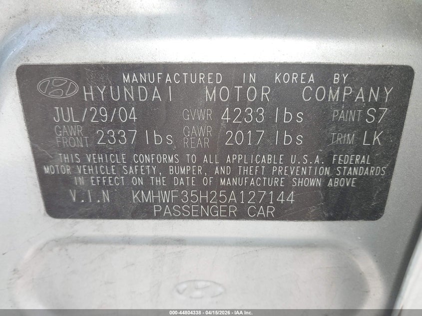 2005 Hyundai Sonata Gls/Lx VIN: KMHWF35H25A127144 Lot: 44804338