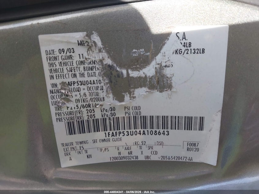 2003 Ford Taurus Ses VIN: 1FAFP55203A222989 Lot: 44804341