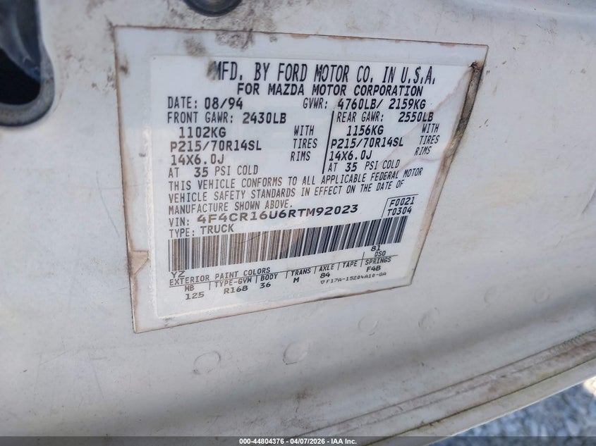 1994 Mazda B3000 Cab Plus VIN: 4F4CR16U6RTM92023 Lot: 44804376