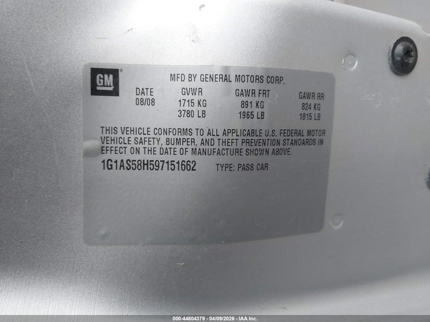 2009 Chevrolet Cobalt Ls VIN: 1G1AS58H597151662 Lot: 44804379