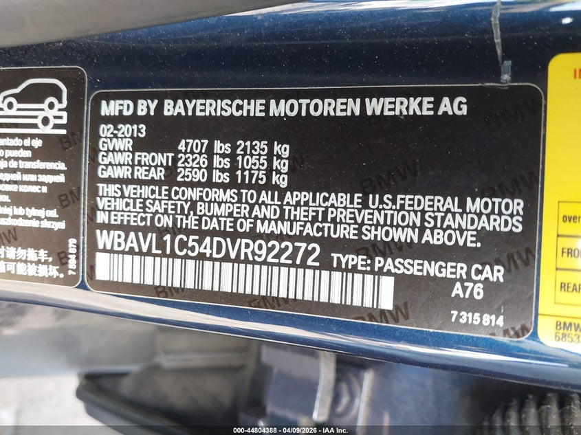 2013 BMW X1 xDrive28I VIN: WBAVL1C54DVR92272 Lot: 44804388