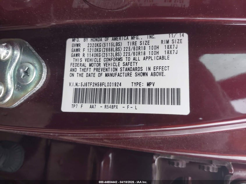 2015 Honda Crosstour Ex-L V6 VIN: 5J6TF2H58FL001924 Lot: 44804442