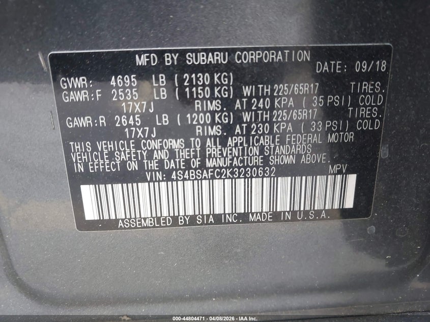 2019 Subaru Outback 2.5 2.5I Premium grey Lot 111044804471 Vin 4S4BSAFC2K3230632