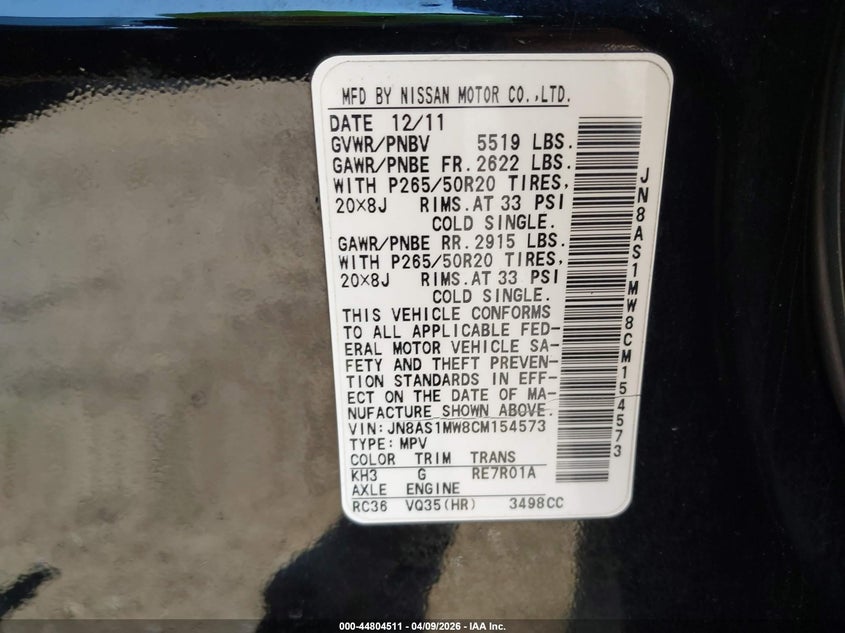 2012 Infiniti Fx35 VIN: JN8AS1MW8CM154573 Lot: 44804511