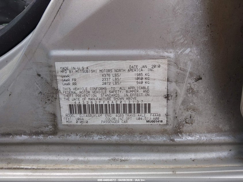 2010 Mitsubishi Galant Fe VIN: 4A32B2FF8AE013137 Lot: 44804572