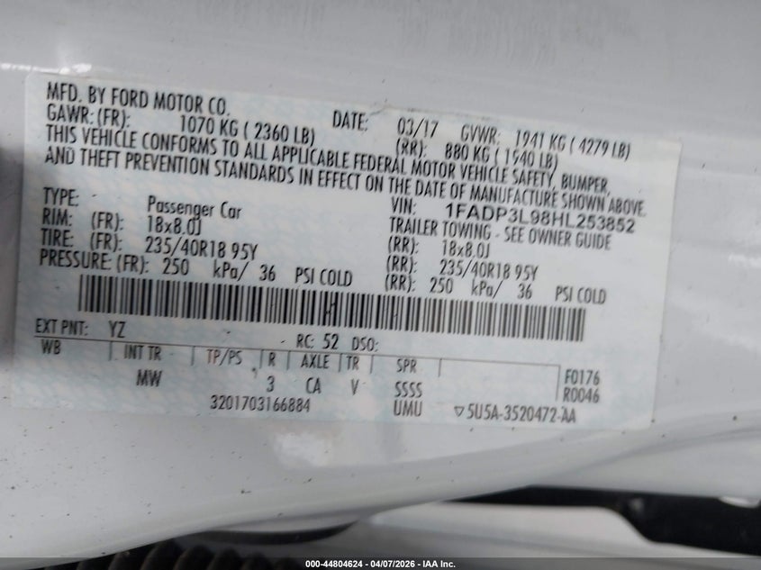 2017 Ford Focus St VIN: 1FADP3L98HL253852 Lot: 44804624