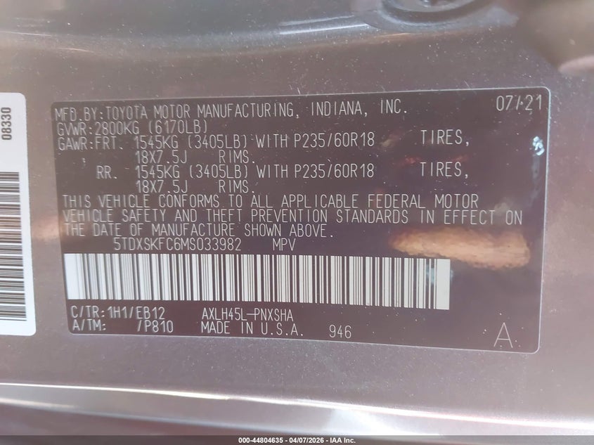 2021 Toyota Sienna Xse VIN: 5TDXSKFC6MS033982 Lot: 44804635