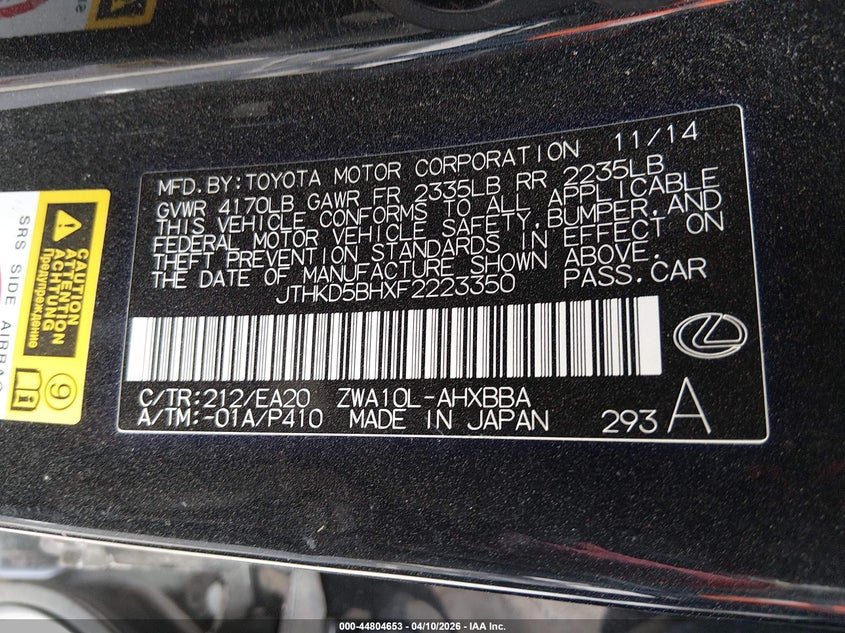 2015 Lexus Ct 200H VIN: JTHKD5BHXF2223350 Lot: 44804653