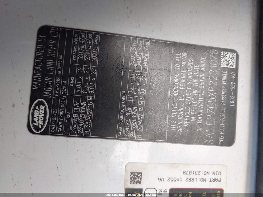 2023 Land Rover Defender 110 Se VIN: SALEP7EUXP2231078 Lot: 44804668