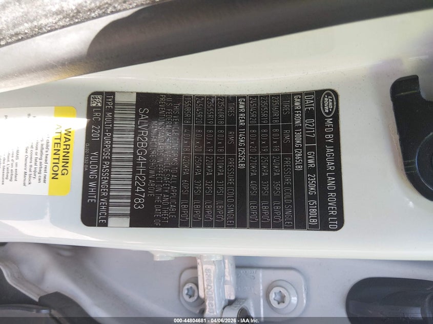 2017 Land Rover Range Rover Evoque Hse VIN: SALVR2BG4HH224783 Lot: 44804681