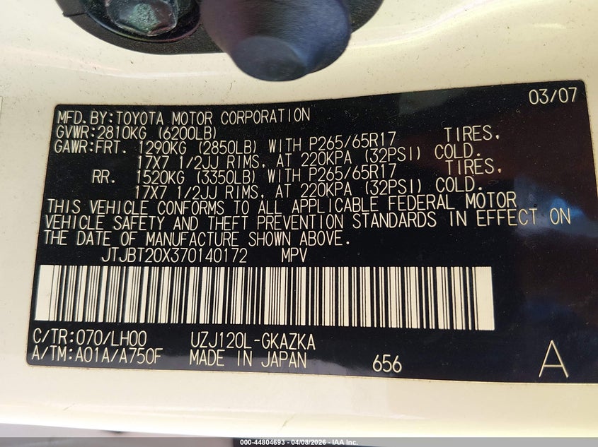 2007 Lexus Gx 470 VIN: JTJBT20X370140172 Lot: 44804693