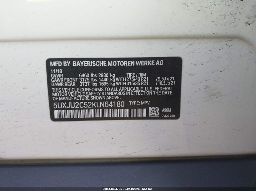 2019 BMW X5 xDrive50I VIN: 5UXJU2C52KLN64180 Lot: 44804705