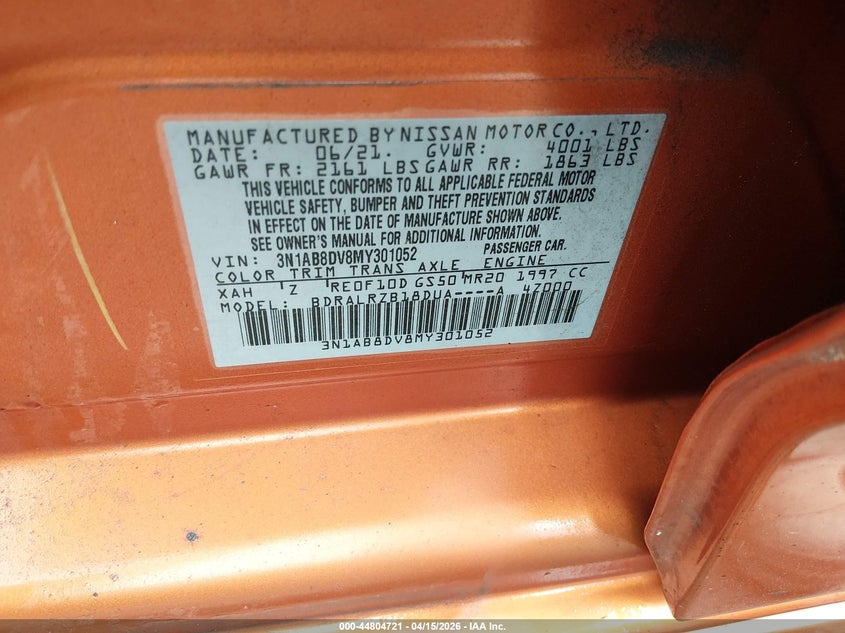 2021 Nissan Sentra Sr Xtronic Cvt VIN: 3N1AB8DV8MY301052 Lot: 44804721