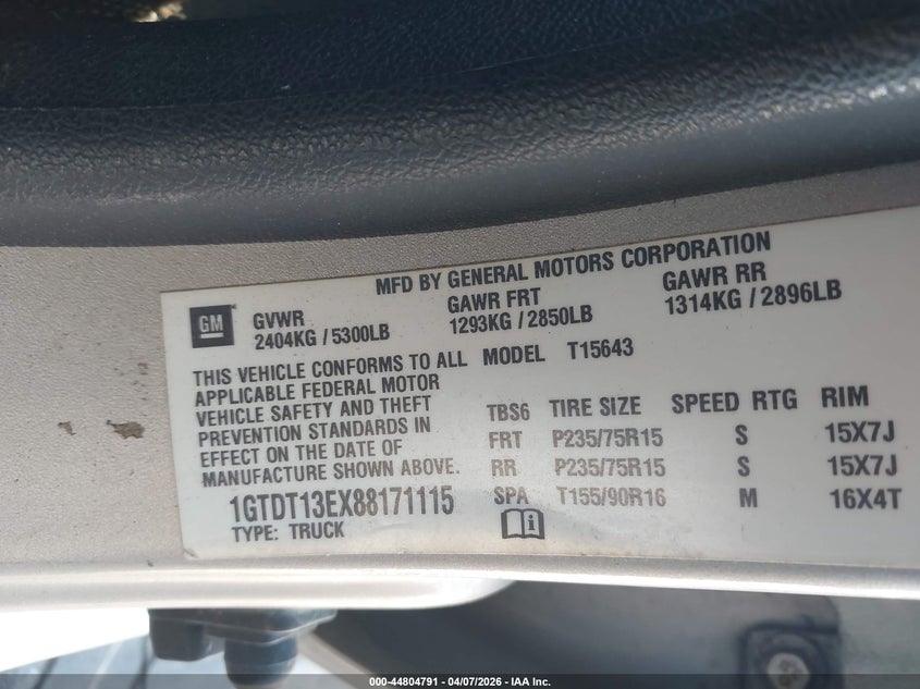 2008 GMC Canyon Sle2 VIN: 1GTDT13EX88171115 Lot: 44804791