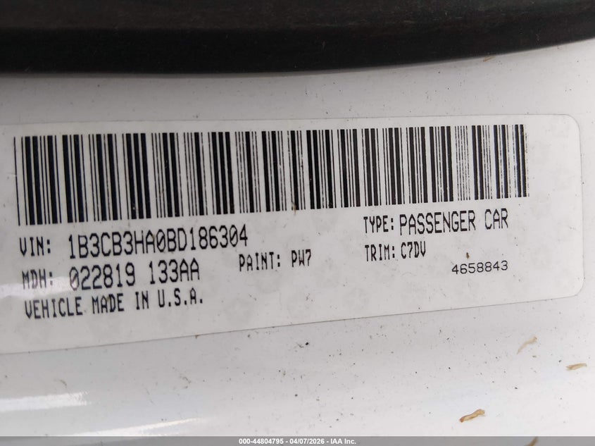 2011 Dodge Caliber Mainstreet VIN: 1B3CB3HA0BD186304 Lot: 44804795