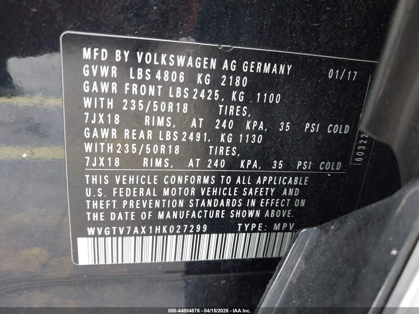 2017 Volkswagen Tiguan 2.0T Sport VIN: WVGTV7AX1HK027299 Lot: 44804876