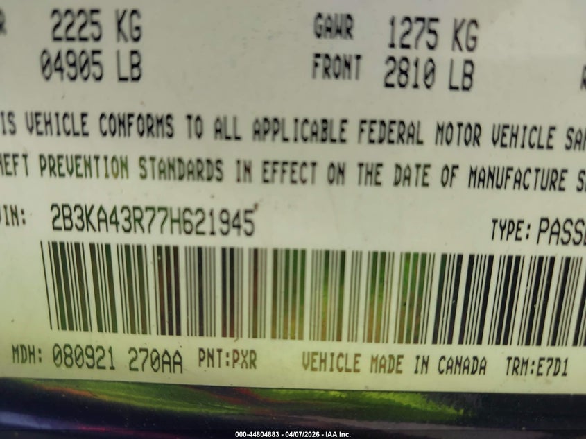 2007 Dodge Charger VIN: 2B3KA43R77H621945 Lot: 44804883