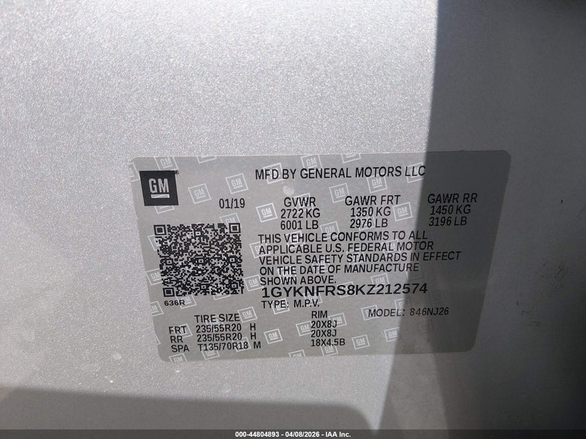 2019 Cadillac Xt5 Premium Luxury VIN: 1GYKNFRS8KZ212574 Lot: 44804893