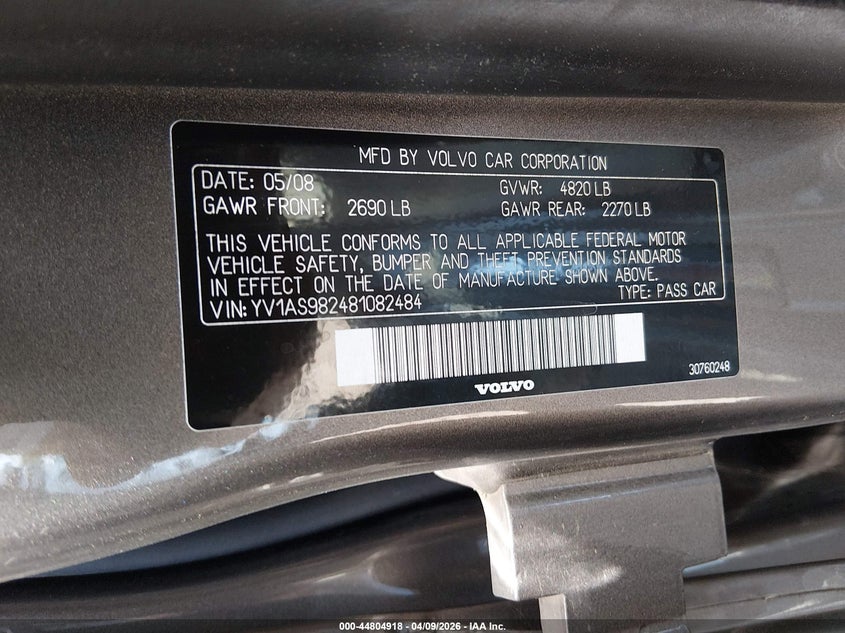 2008 Volvo S80 3.2 VIN: YV1AS982481082484 Lot: 44804918