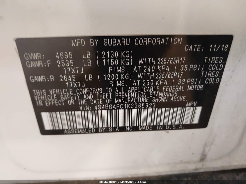 2019 Subaru Outback 2.5 2.5I Premium white Lot 111044804926 Vin 4S4BSAFC1K3265923