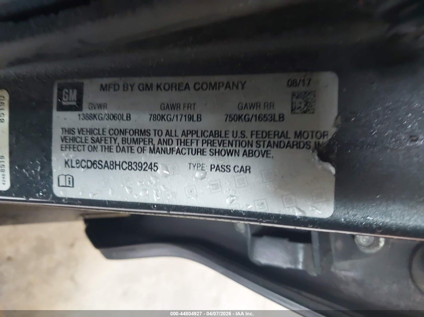 2017 Chevrolet Spark 1Lt Cvt VIN: KL8CD6SA8HC839245 Lot: 44804927